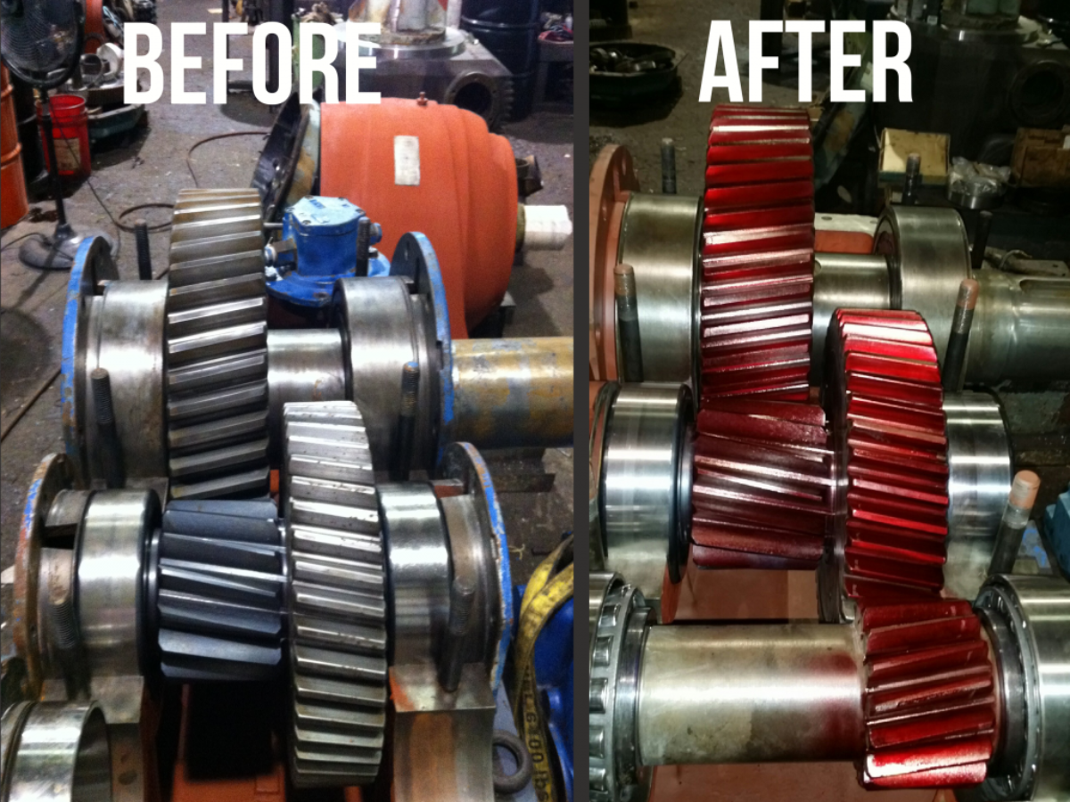 Side-by-side view of industrial spur and helical gears before and after repair, showing worn metal flanks on the left and fully restored, red-coated gears on the right.